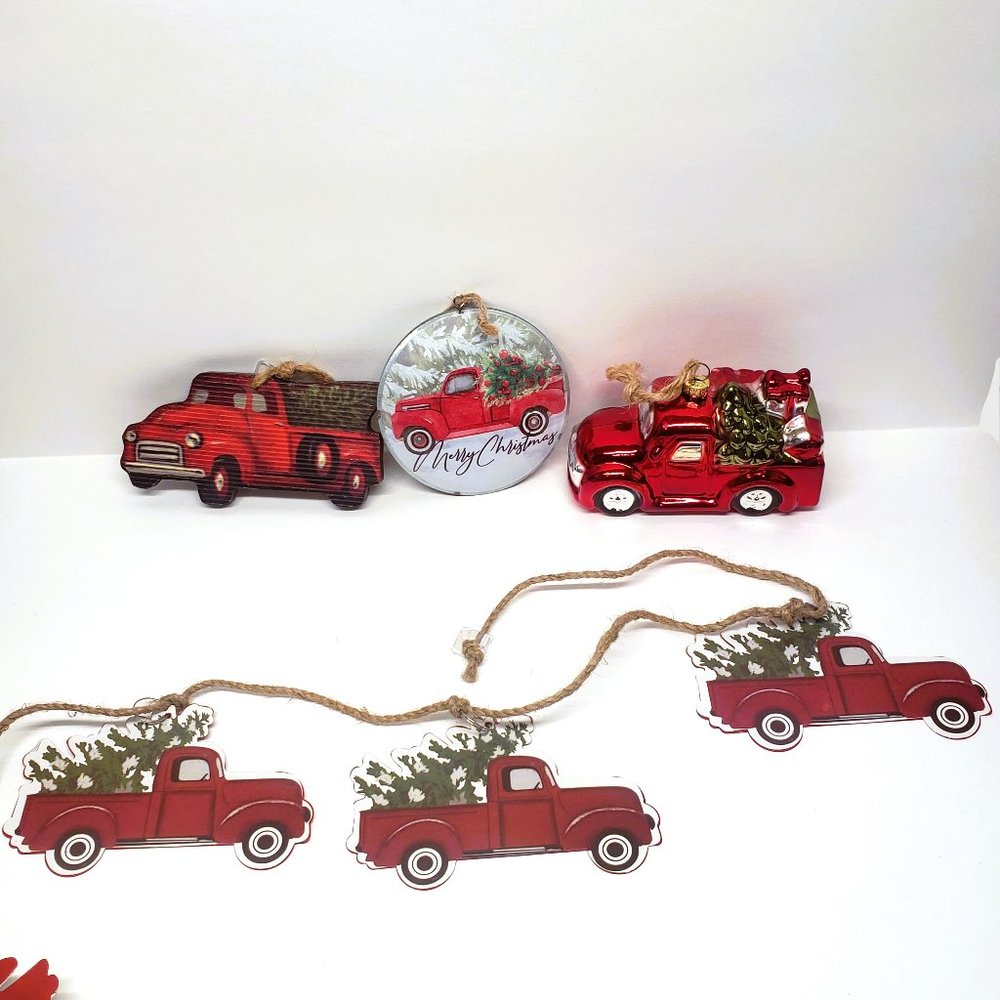 Christmas Tree Red Truck 6' Tin Garland and Ornament Lot x4